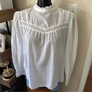 LOFT White Swiss Dress Dot Mock Neck Lace Blouse